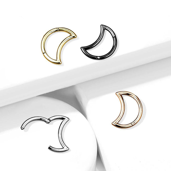Surgical Steel Black PVD Crescent Moon Hinged Clicker Hoop Daith Cartilage Ring - Pierced Universe
