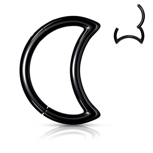Surgical Steel Black PVD Crescent Moon Hinged Clicker Hoop Daith Cartilage Ring - Pierced Universe