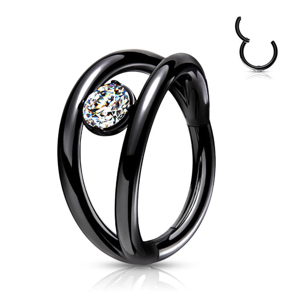 Surgical Steel Black PVD Double Hoop Look White CZ Hinged Hoop Ring Clicker - Pierced Universe