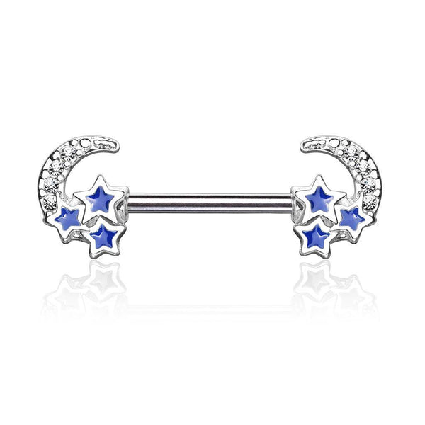 Surgical Steel Crescent Moon & Blue Stars Nipple Ring Barbell - Pierced Universe