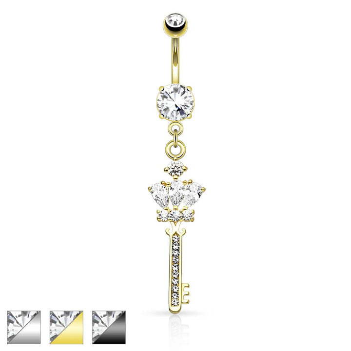Surgical Steel CZ Crown and Key Dangling Belly Button Navel Ring - Pierced Universe