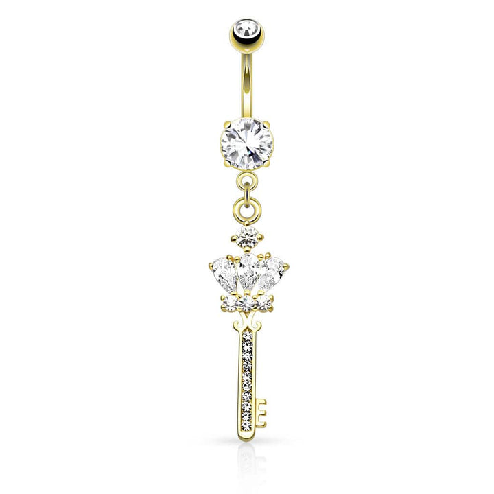 Surgical Steel CZ Crown and Key Dangling Belly Button Navel Ring - Pierced Universe