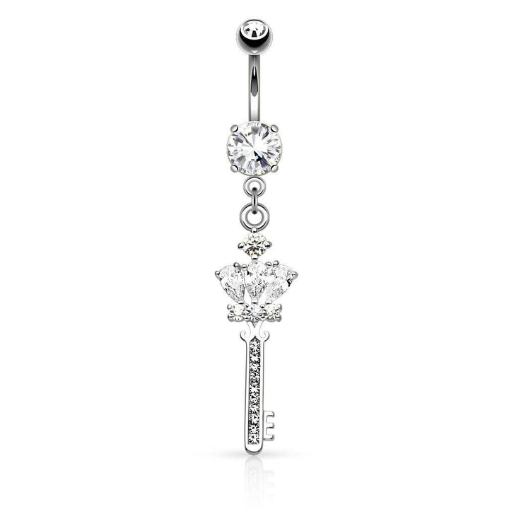 Surgical Steel CZ Crown and Key Dangling Belly Button Navel Ring - Pierced Universe