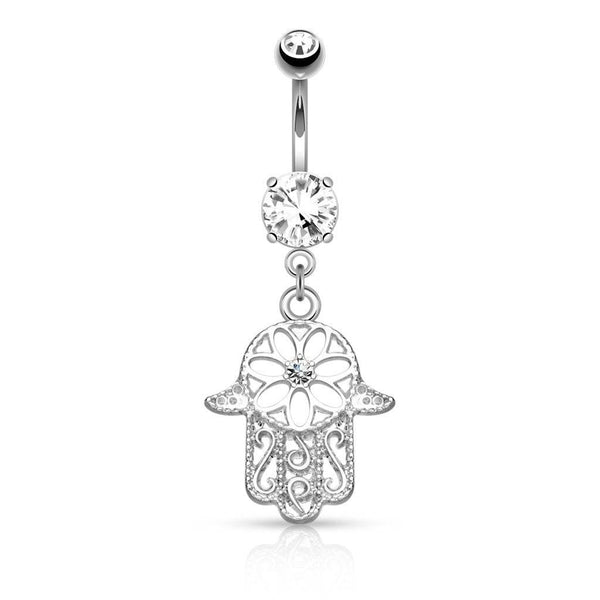 Surgical Steel Floral Hamsa Hand of Fatima CZ Dangling Belly Button Navel Ring - Pierced Universe