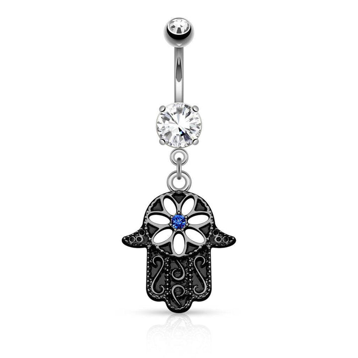 Surgical Steel Floral Hamsa Hand of Fatima CZ Dangling Belly Button Navel Ring - Pierced Universe
