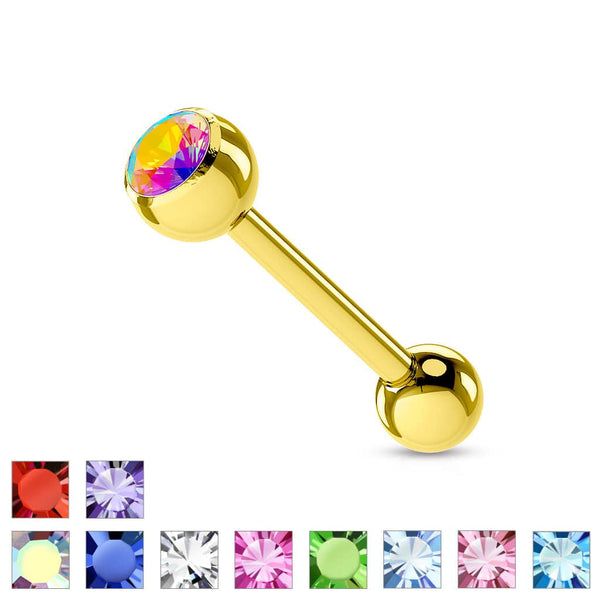 Surgical Steel Gold IP CZ Gem Straight Barbell Tongue Ring - Pierced Universe