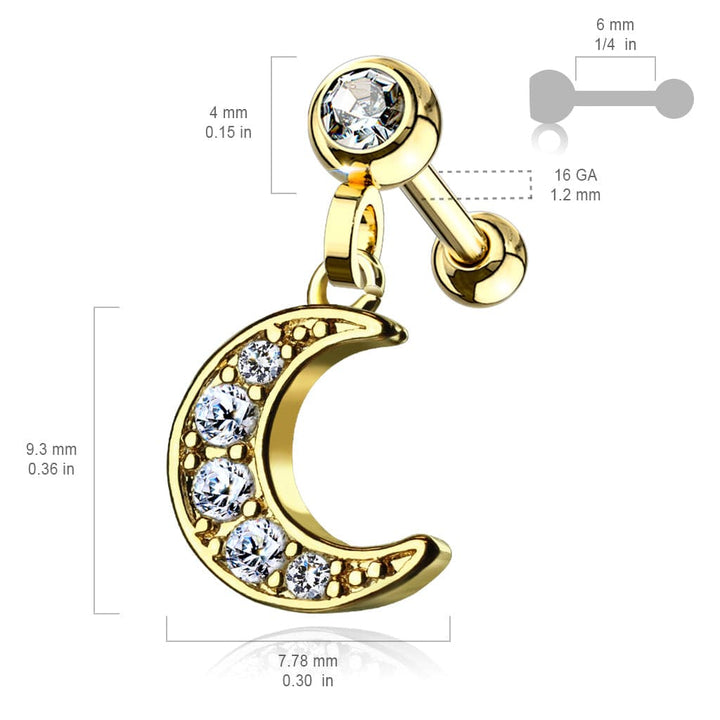 Surgical Steel Gold Plated Ball Back Crescent Moon White CZ Dangle Cartilage Ring - Pierced Universe