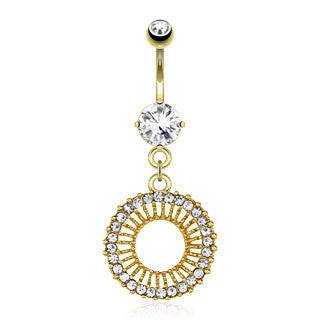 Surgical Steel Gold Plated Belly Button Navel Ring Bar with Dangling Circle Sun Paved Gems - Pierced Universe