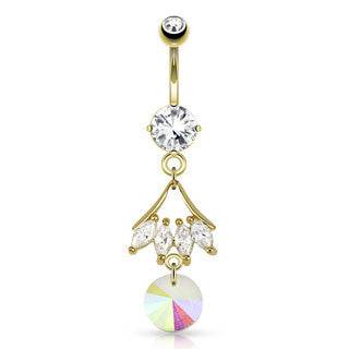 Surgical Steel Gold Plated Dangling CZ Leaf Prism Belly Button Navel Ring - Pierced Universe