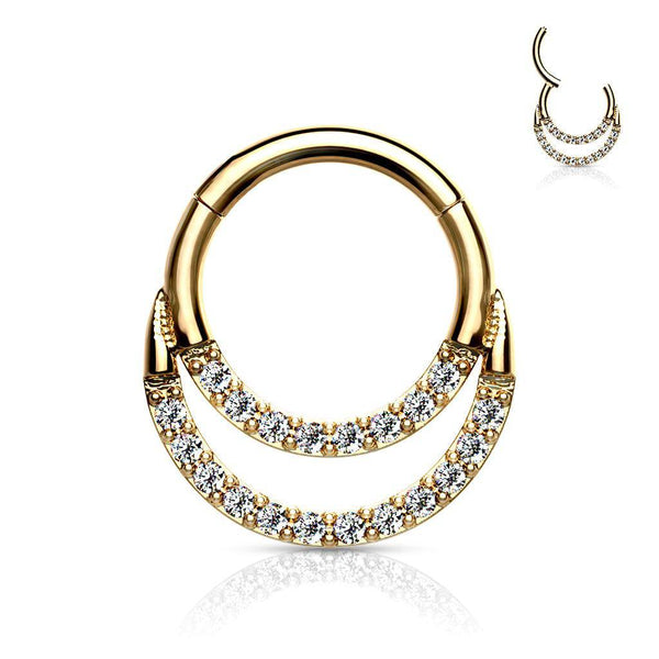 Surgical Steel Gold PVD Double Line White CZ Hinged Easy Click Septum Ring - Pierced Universe