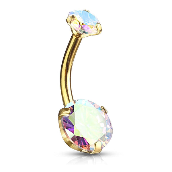 Surgical Steel Gold PVD Internally Threaded Belly Ring Aurora Borealis CZ Gems - Pierced Universe