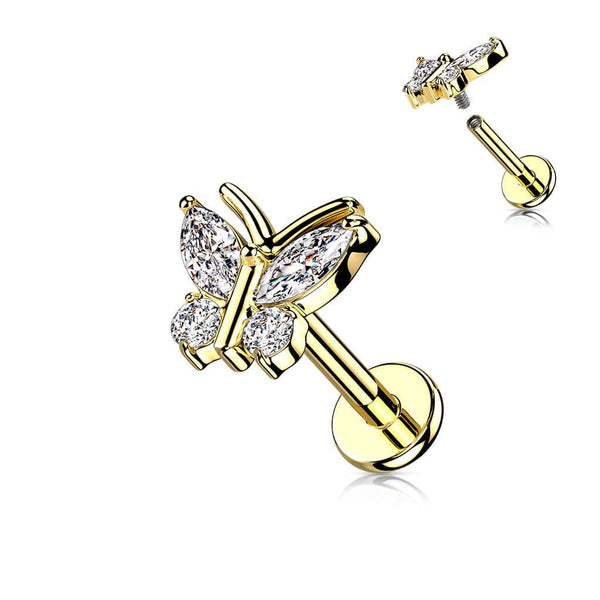 Surgical Steel Gold PVD Internally Threaded White CZ Gem Butterfly Flat Back Labret - Pierced Universe
