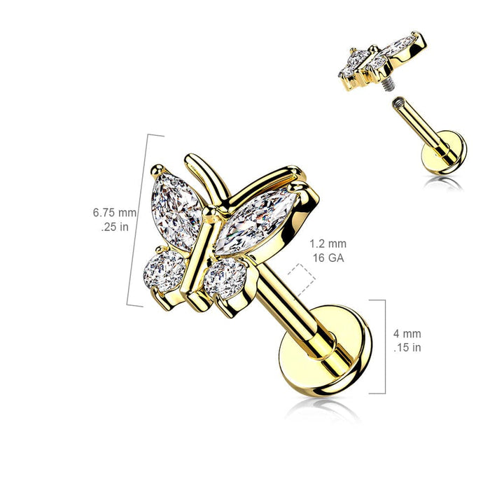 Surgical Steel Gold PVD Internally Threaded White CZ Gem Butterfly Flat Back Labret - Pierced Universe