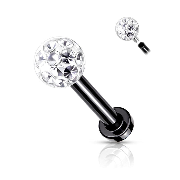 Surgical Steel Internally Threaded Black PVD White CZ Epoxy Coated Shamballa Labret - Pierced Universe