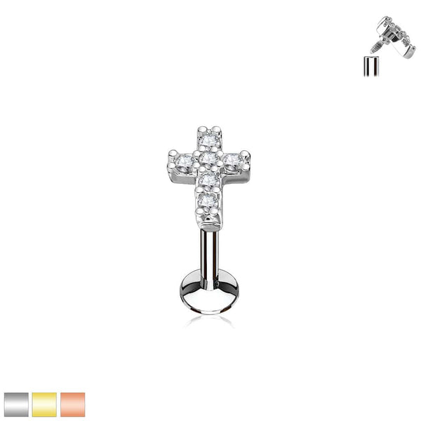 Surgical Steel Internally Threaded Religious Cross CZ Labret - Pierced Universe