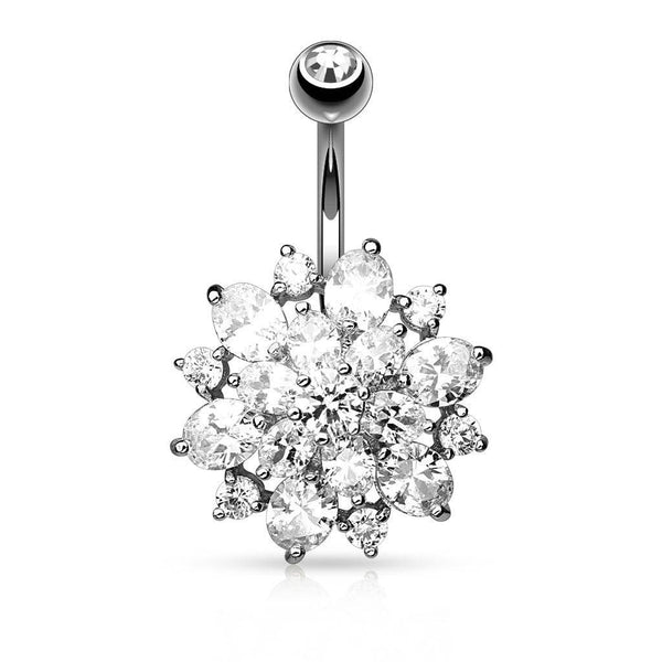 Surgical Steel Multi CZ Crystal Flower Belly Button Navel Ring - Pierced Universe