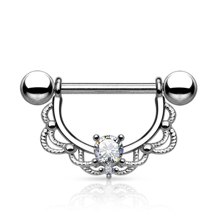 Surgical Steel Nipple Ring Barbell with Filigree Lace Shield with CZ - Pierced Universe