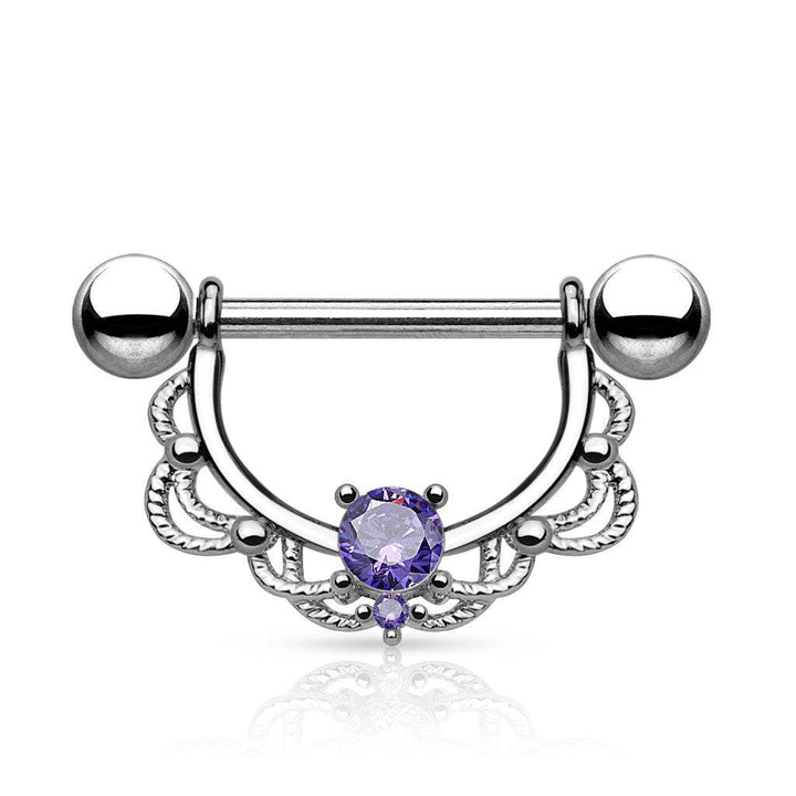 Surgical Steel Nipple Ring Barbell with Filigree Lace Shield with CZ - Pierced Universe