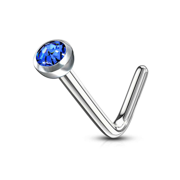 Surgical Steel Press Fit Blue CZ Gem "L" Shape Nose Ring Pin - Pierced Universe