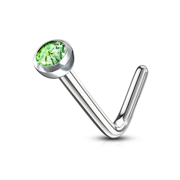 Surgical Steel Press Fit Green CZ Gem "L" Shape Nose Ring Pin - Pierced Universe