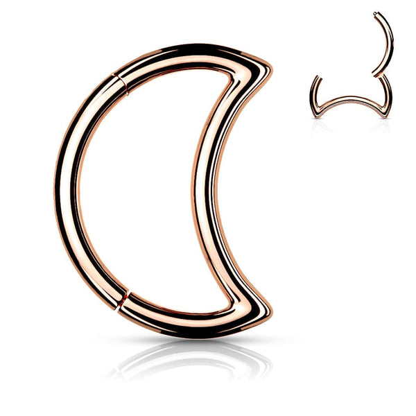 Surgical Steel Rose Gold PVD Crescent Moon Hinged Clicker Hoop Daith Cartilage Ring - Pierced Universe