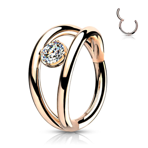 Surgical Steel Rose Gold PVD Double Hoop Look White CZ Hinged Hoop Ring Clicker - Pierced Universe