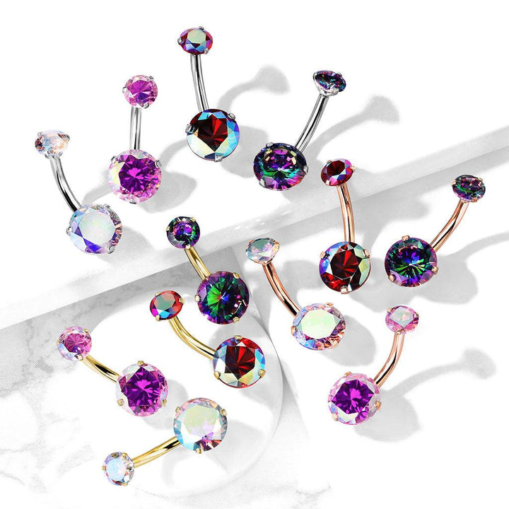 Surgical Steel Rose Gold PVD Internally Threaded Belly Ring Aurora Borealis CZ Gems - Pierced Universe