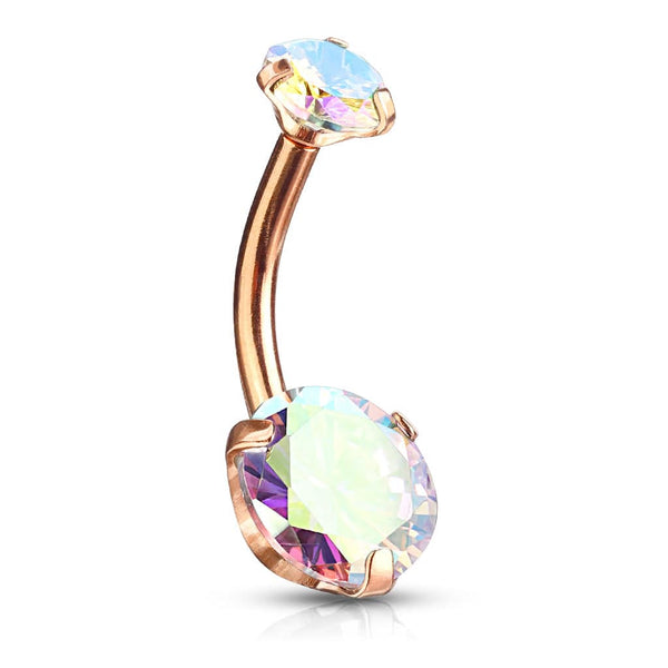 Surgical Steel Rose Gold PVD Internally Threaded Belly Ring Aurora Borealis CZ Gems - Pierced Universe