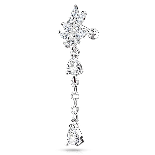 Surgical Steel White CZ Leaf Dangling Teardrop Cartilage Ring - Pierced Universe
