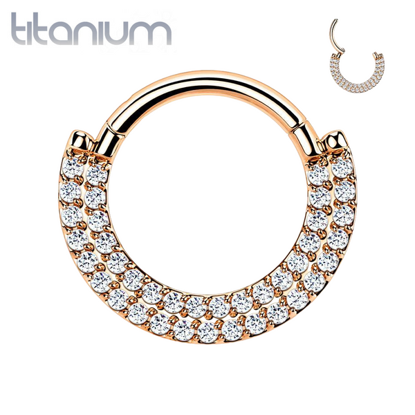 Implant Grade Titanium Rose Gold PVD Double Row White CZ Pave Daith Ring Clicker Hoop - Pierced Universe