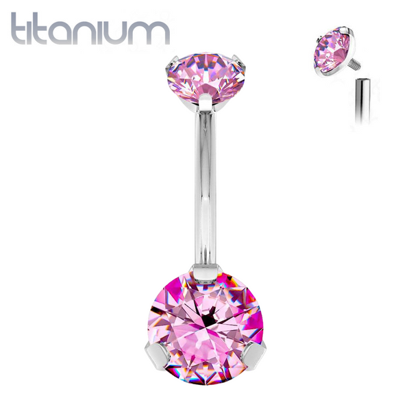 Implant Grade Titanium Internally Threaded Pink CZ Prong Belly Button Navel Ring - Pierced Universe