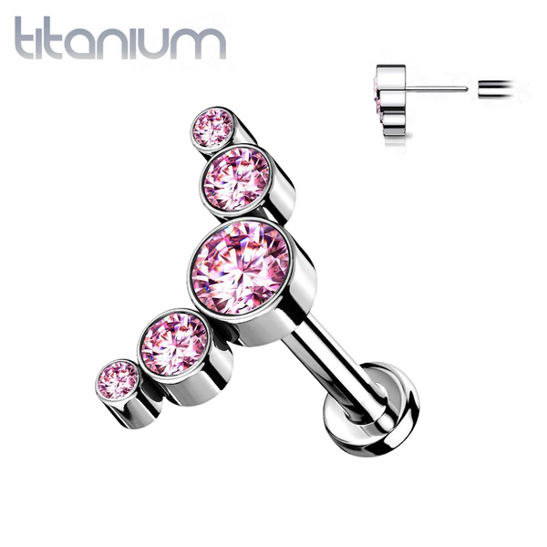 Implant Grade Titanium Threadless Push In Cartilage 5 Gem Curved Pink CZ Gems With Flat Back - Pierced Universe