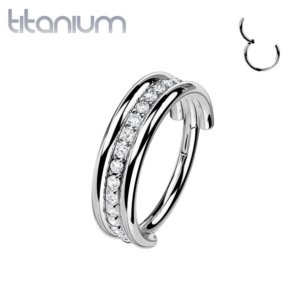 Implant Grade Titanium White CZ Pave Center Hinged Clicker Hoop - Pierced Universe