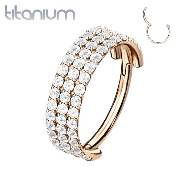 Implant Grade Titanium Rose Gold PVD Triple Row White CZ Pave Hinged Clicker Hoop - Pierced Universe