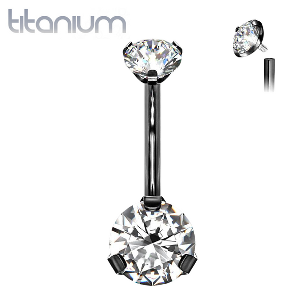 Implant Grade Titanium Internally Threaded Black PVD White CZ Prong Belly Button Navel Ring - Pierced Universe