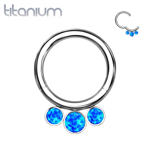 Implant Grade Titanium Blue Bezel Opal Septum Cartilage Daith Hinged Clicker - Pierced Universe