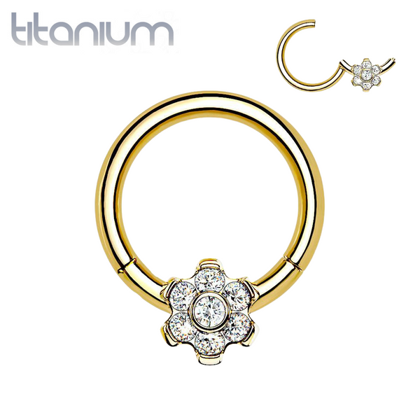 Implant Grade Titanium Gold PVD White CZ Gem Flower Hinged Clicker Hoop - Pierced Universe