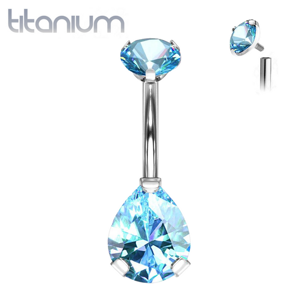 Implant Grade Titanium Internally Threaded Pear Tear Drop Aqua CZ Belly Ring - Pierced Universe