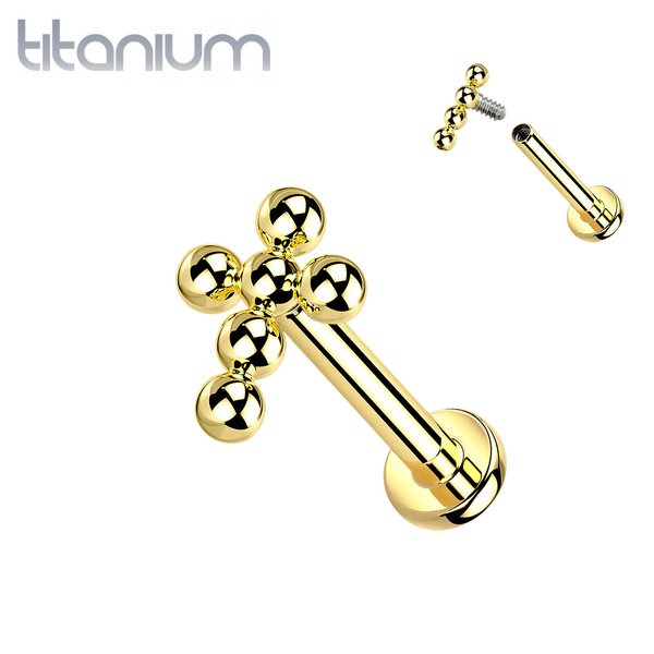 Implant Grade Titanium Gold PVD Beaded Dainty Cross Internally Threaded Labret - Pierced Universe