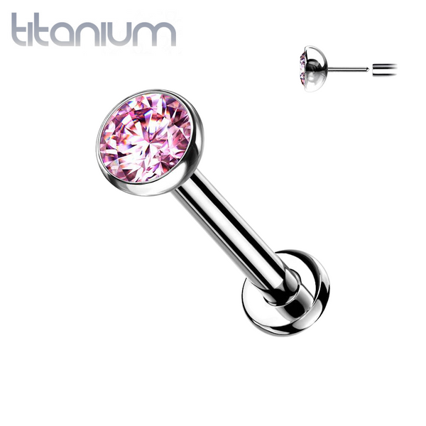 Implant Grade Titanium Threadless Push In Tragus/Cartilage Flat Back Bezel Pink CZ With Flat Back - Pierced Universe