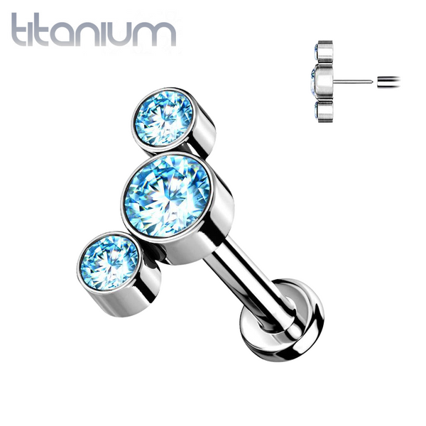 Implant Grade Titanium Threadless Push In Cartilage 3 Gem Curved Aqua CZ Gems With Flat Back - Pierced Universe