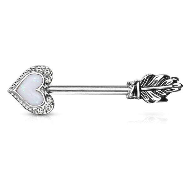White Opal Heart & Feather Arrow Surgical Steel Nipple Ring Barbell - Pierced Universe