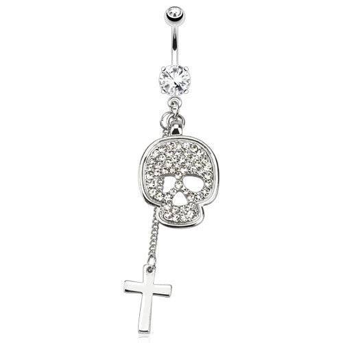 White Studded Gems on Dangle Skull with Cross Belly Button Navel Ring - Pierced Universe